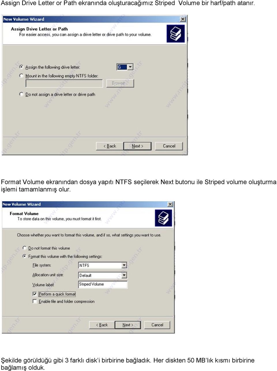 Format Volume ekranından dosya yapıtı NTFS seçilerek Next butonu ile Striped