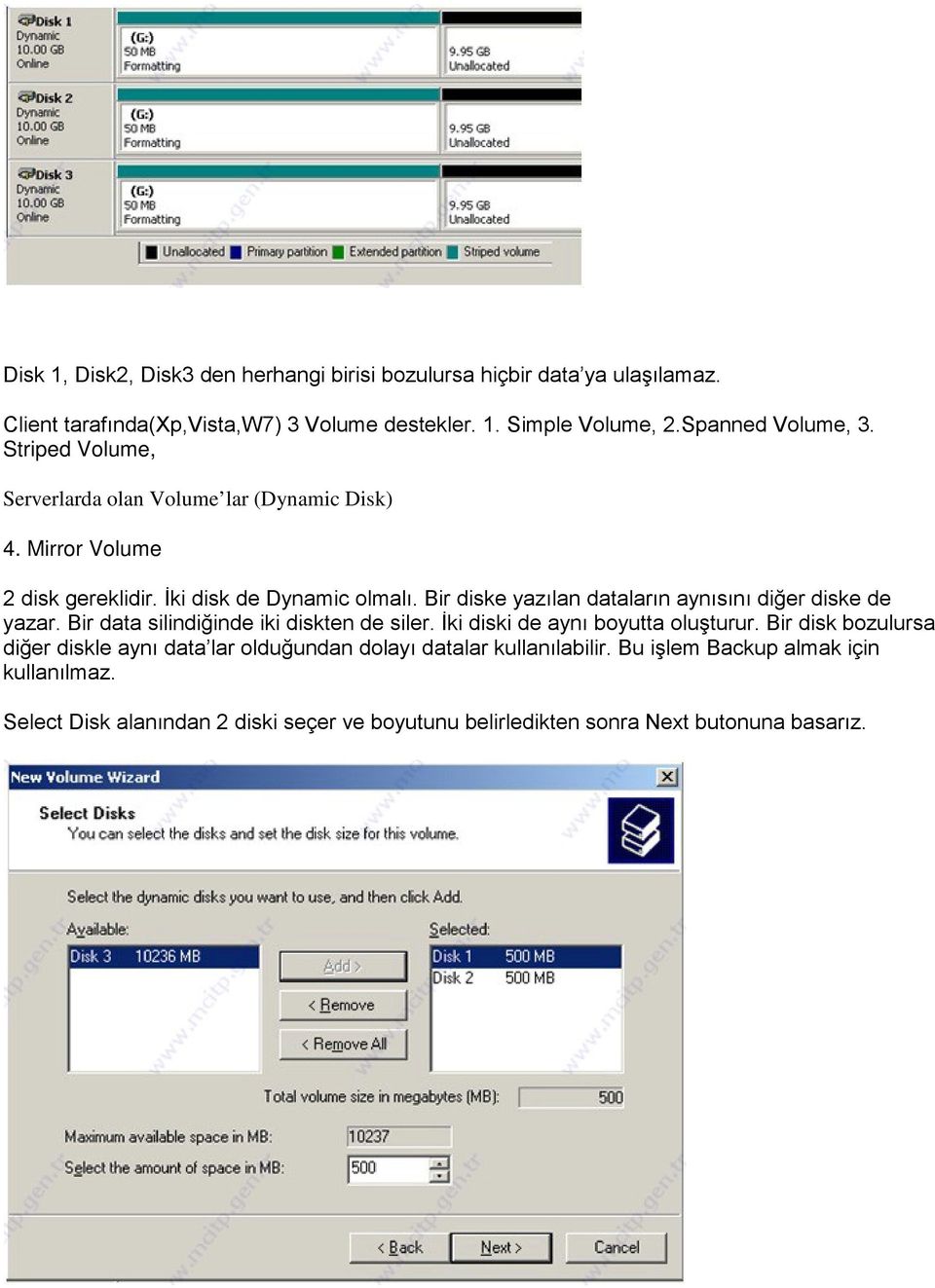 Bir diske yazılan dataların aynısını diğer diske de yazar. Bir data silindiğinde iki diskten de siler. İki diski de aynı boyutta oluşturur.