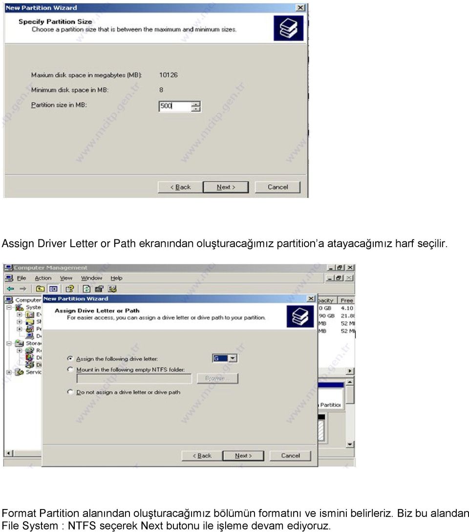 Format Partition alanından oluşturacağımız bölümün formatını ve