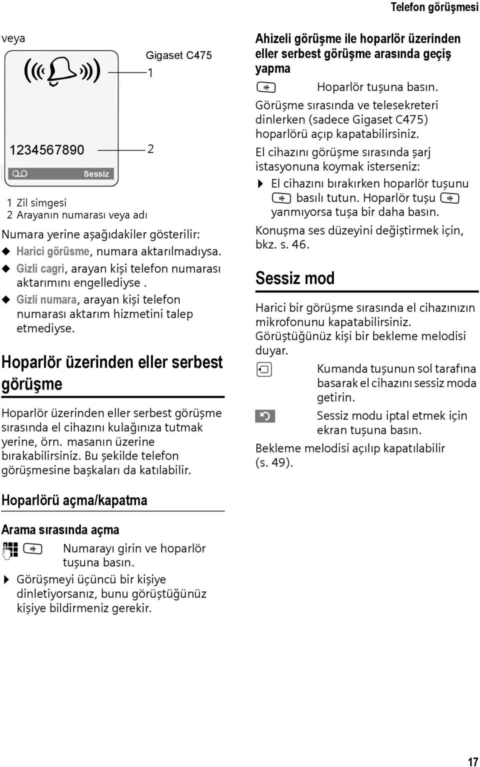 Hoparlör üzerinden eller serbest görüşme Hoparlör üzerinden eller serbest görüşme sırasında el cihazını kulağınıza tutmak yerine, örn. masanın üzerine bırakabilirsiniz.