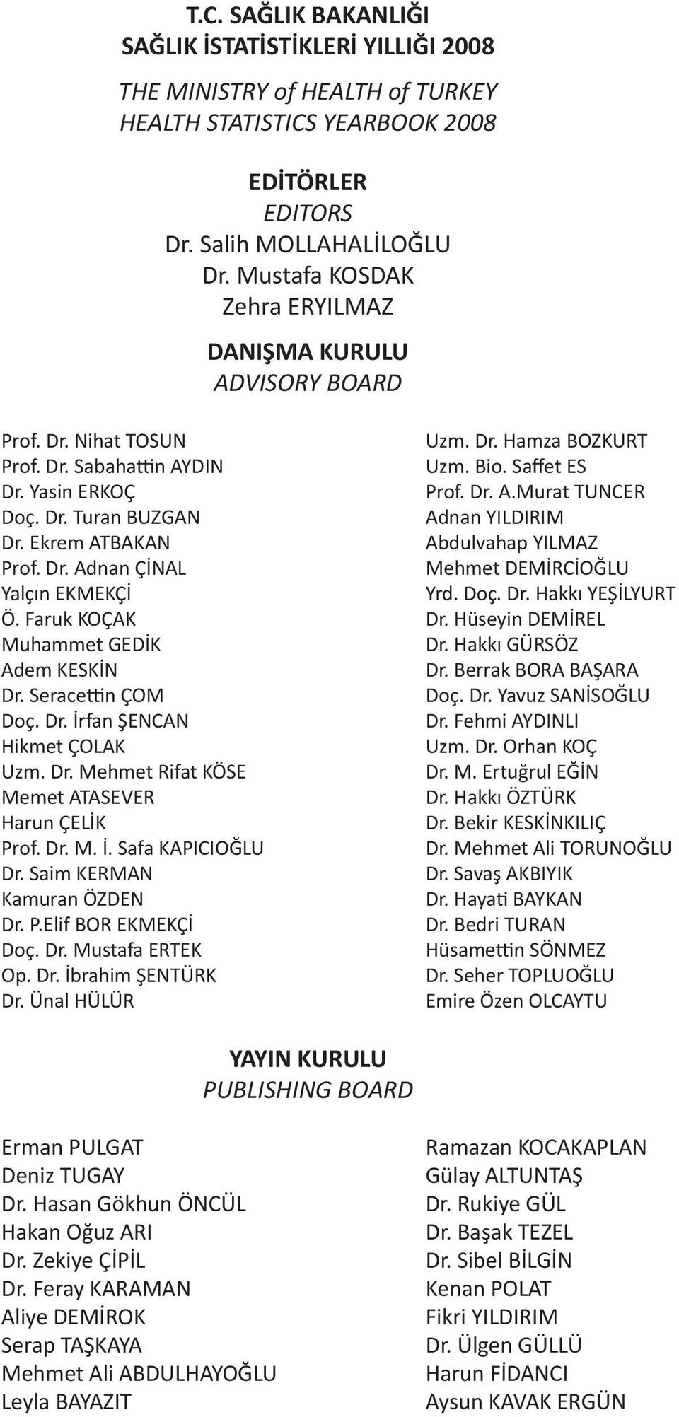 Dr. Turan BUZGAN Adnan YILDIRIM Dr. Ekrem ATBAKAN Abdulvahap YILMAZ Prof. Dr. Adnan ÇİNAL Mehmet DEMİRCİOĞLU Yalçın EKMEKÇİ Yrd. Doç. Dr. Hakkı YEŞİLYURT Ö. Faruk KOÇAK Dr.