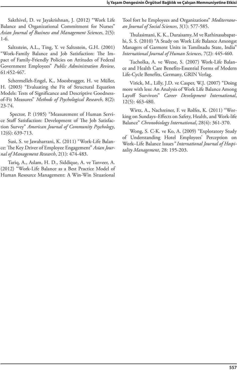 (2001) Work-Family Balance and Job Satisfaction: The Impact of Family-Friendly Policies on Attitudes of Federal Government Employees Public Administration Review, 61:452-467. Schermelleh-Engel, K.