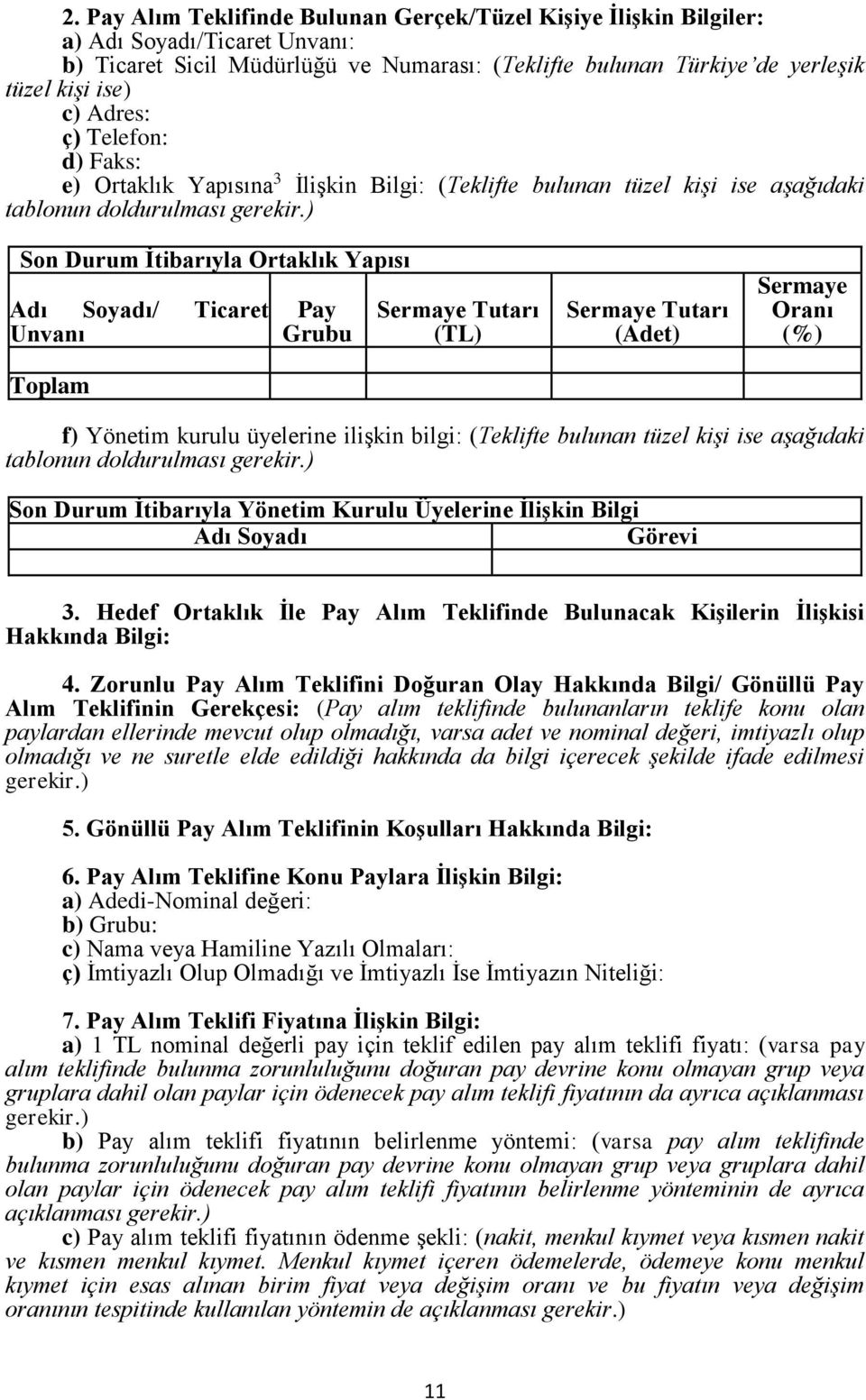 ) Son Durum İtibarıyla Ortaklık Yapısı Adı Soyadı/ Ticaret Unvanı Toplam Pay Grubu Sermaye Tutarı (TL) Sermaye Tutarı (Adet) Sermaye Oranı (%) f) Yönetim kurulu üyelerine ilişkin bilgi: (Teklifte