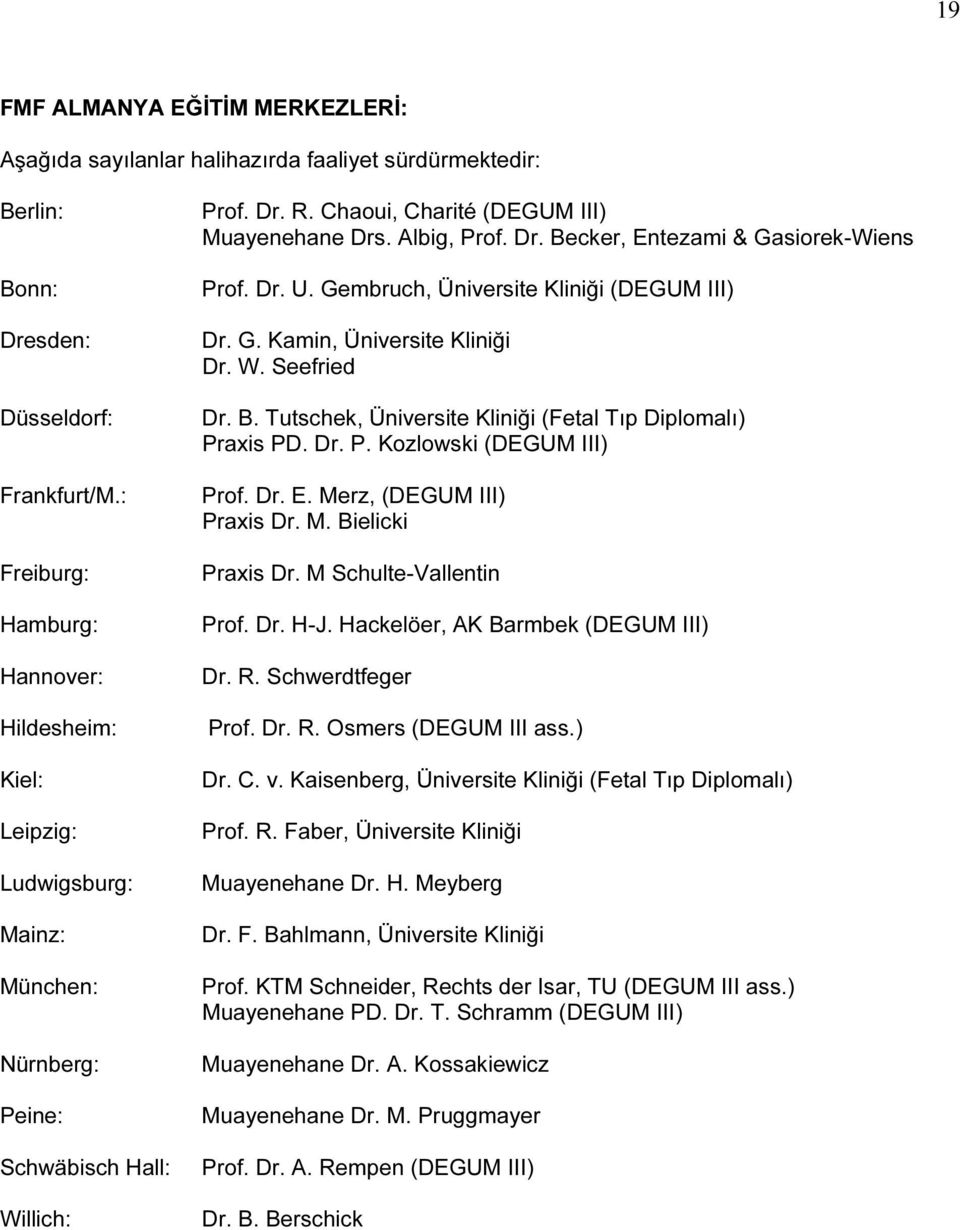 Dr. Becker, Entezami & Gasiorek-Wiens Prof. Dr. U. Gembruch, Üniversite Kliniği (DEGUM III) Dr. G. Kamin, Üniversite Kliniği Dr. W. Seefried Dr. B. Tutschek, Üniversite Kliniği (Fetal Tıp Diplomalı) Praxis PD.