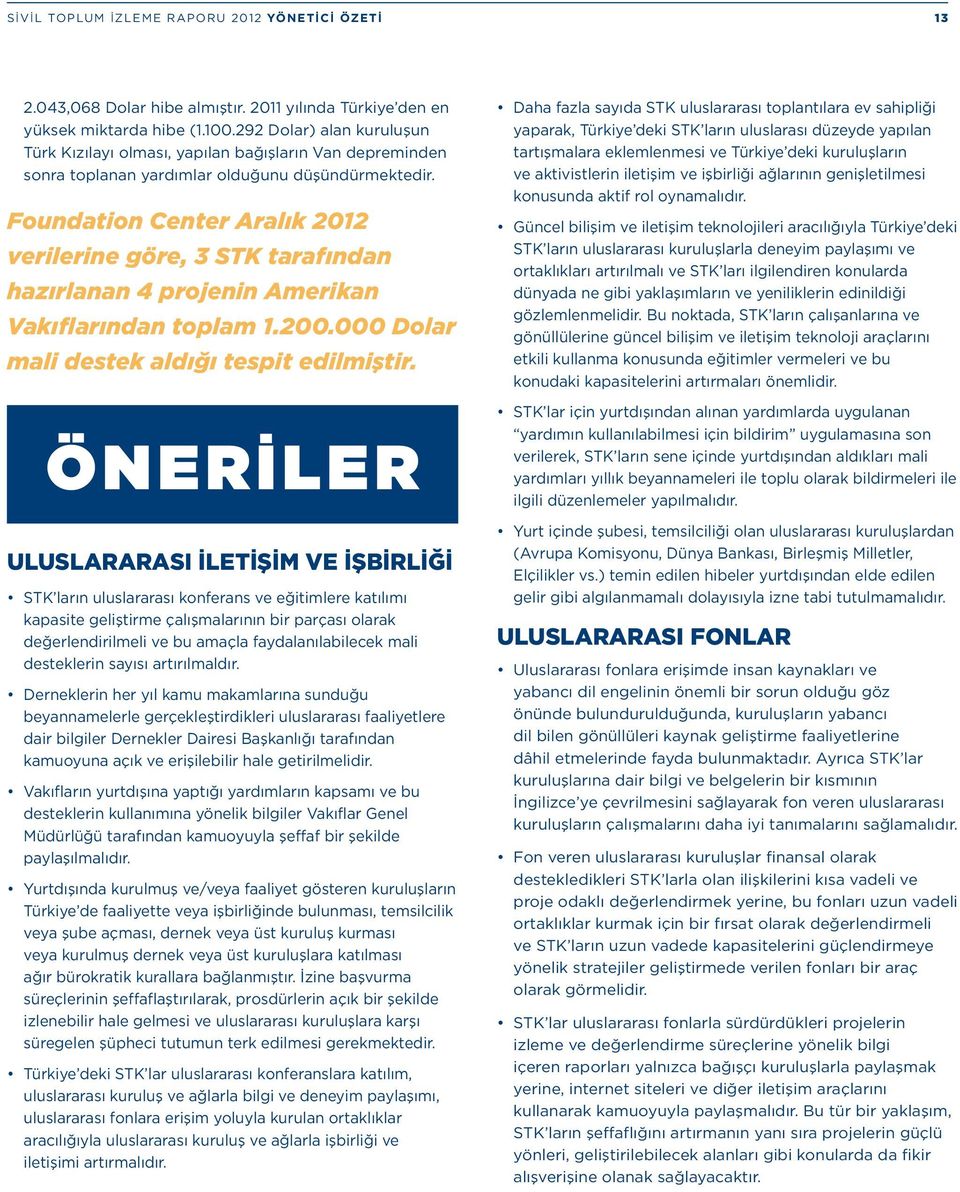 Foundation Center Aralık 2012 verilerine göre, 3 STK tarafından hazırlanan 4 projenin Amerikan Vakıflarından toplam 1.200.000 Dolar mali destek aldığı tespit edilmiştir.