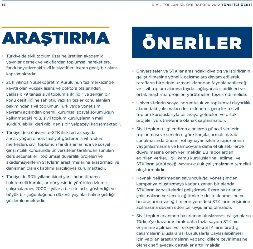 2011 yılında Yükseköğretim Kurulu nun tez merkezinde kayıtlı olan yüksek lisans ve doktora tezlerinden yaklaşık 79 tanesi sivil toplumla ilgilidir ve zengin bir konu çeşitliliğine sahiptir.