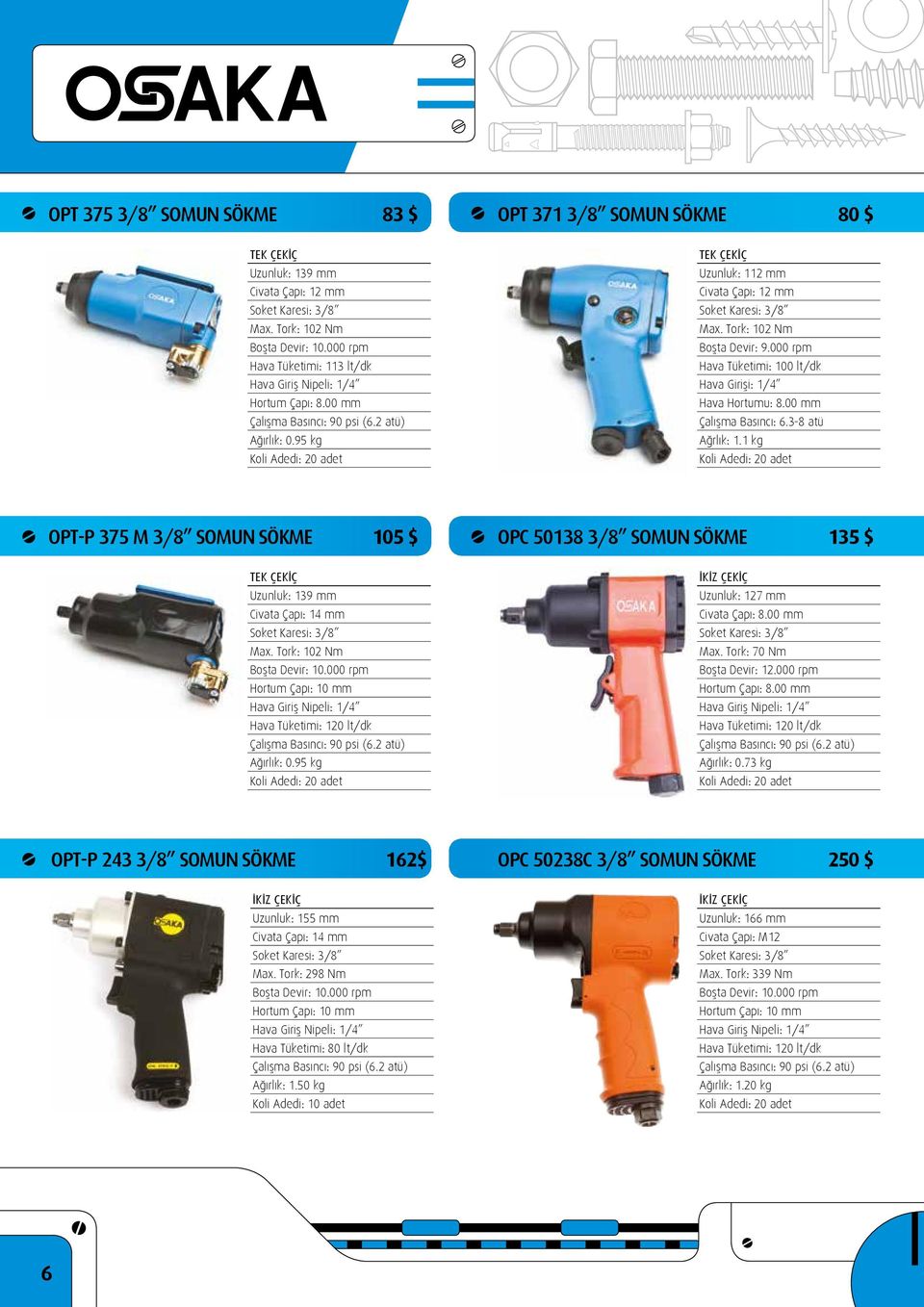 000 rpm Hava Tüketimi: 100 lt/dk Hava Girişi: 1/4 Hava Hortumu: 8.00 mm Çalışma Basıncı: 6.3-8 atü Ağrlık: 1.