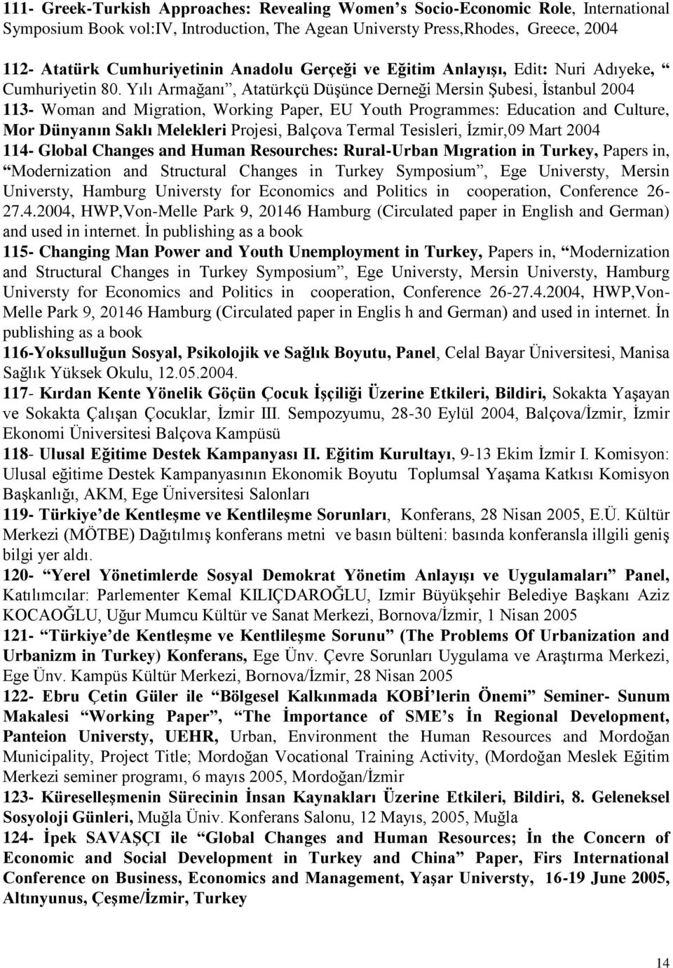 Yılı Armağanı, Atatürkçü Düşünce Derneği Mersin Şubesi, İstanbul 2004 113- Woman and Migration, Working Paper, EU Youth Programmes: Education and Culture, Mor Dünyanın Saklı Melekleri Projesi,