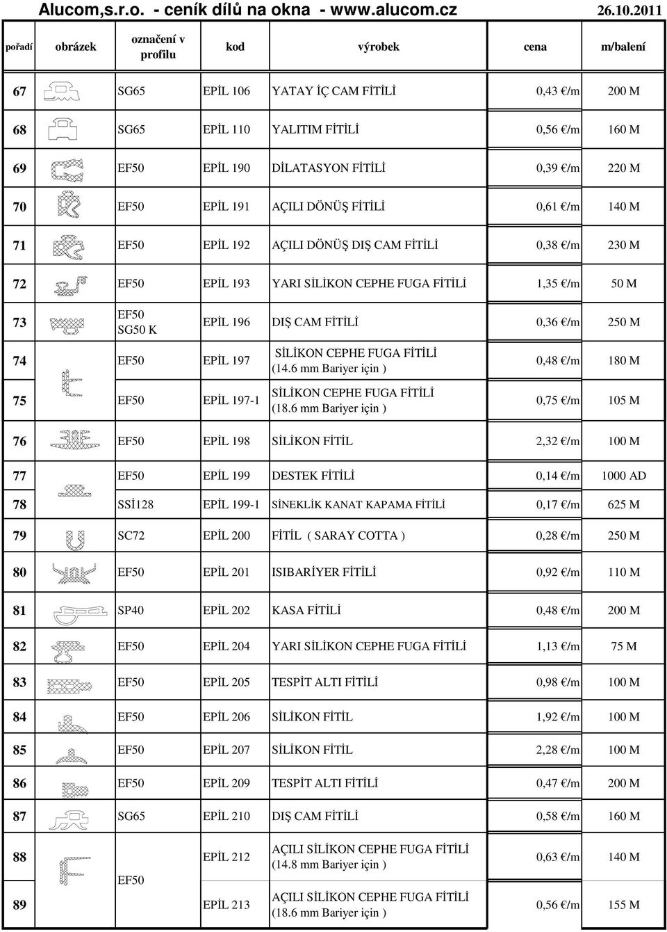 70 EPİL 191 AÇILI DÖNÜŞ FİTİLİ 0,61 /m 140 M 71 EPİL 192 AÇILI DÖNÜŞ DIŞ CAM FİTİLİ 0,38 /m 230 M 72 EPİL 193 YARI SİLİKON CEPHE FUGA FİTİLİ 1,35 /m 50 M 73 SG50 K 74 EPİL 197 EPİL 196 DIŞ CAM FİTİLİ