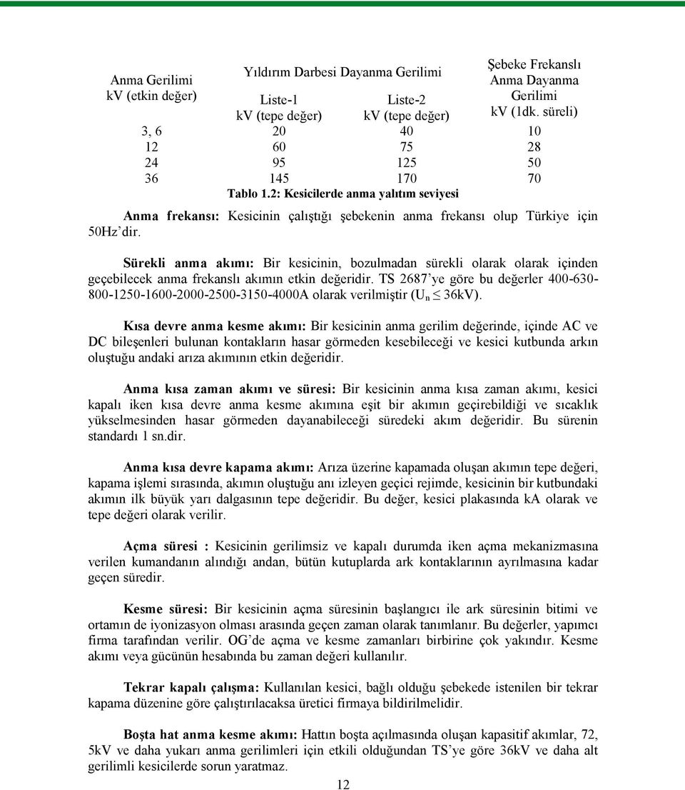 2: Kesicilerde anma yalıtım seviyesi Anma frekansı: Kesicinin çalıştığı şebekenin anma frekansı olup Türkiye için 50Hz dir.