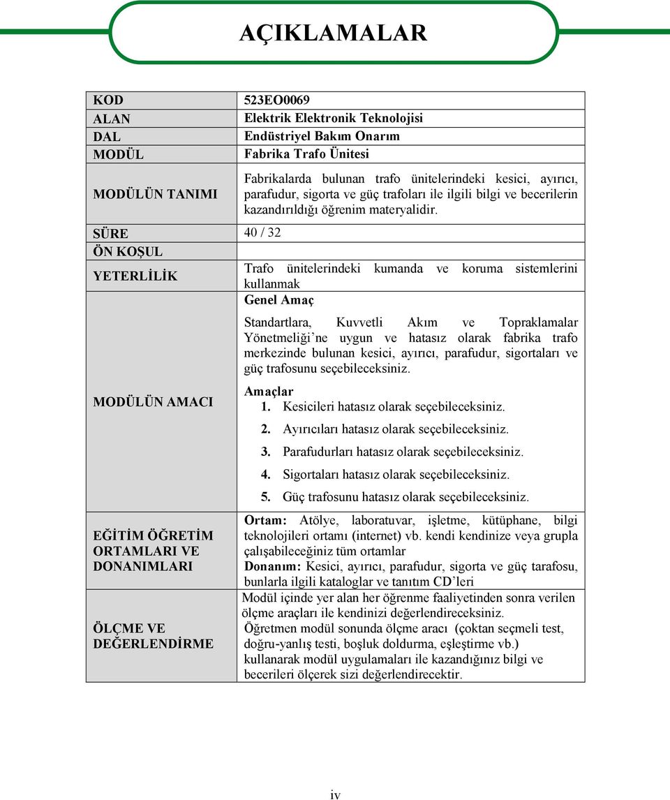 SÜRE 40 / 32 ÖN KOŞUL Trafo ünitelerindeki kumanda ve koruma sistemlerini YETERLİLİK kullanmak Genel Amaç MODÜLÜN AMACI EĞİTİM ÖĞRETİM ORTAMLARI VE DONANIMLARI ÖLÇME VE DEĞERLENDİRME AÇIKLAMALAR