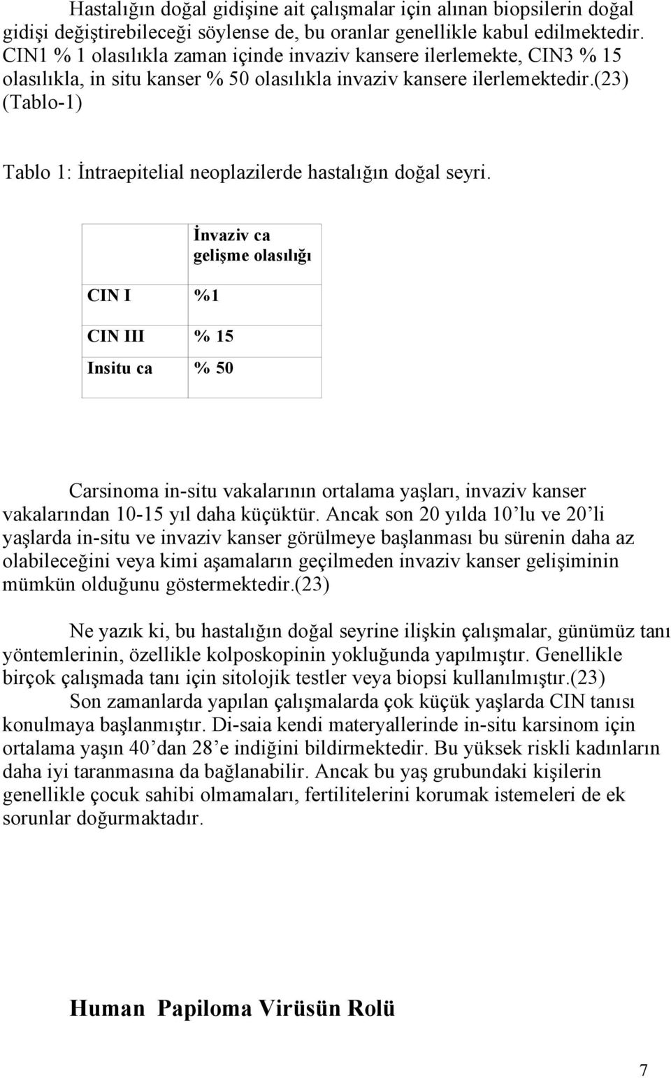 (23) (Tablo-1) Tablo 1: İntraepitelial neoplazilerde hastalığın doğal seyri.