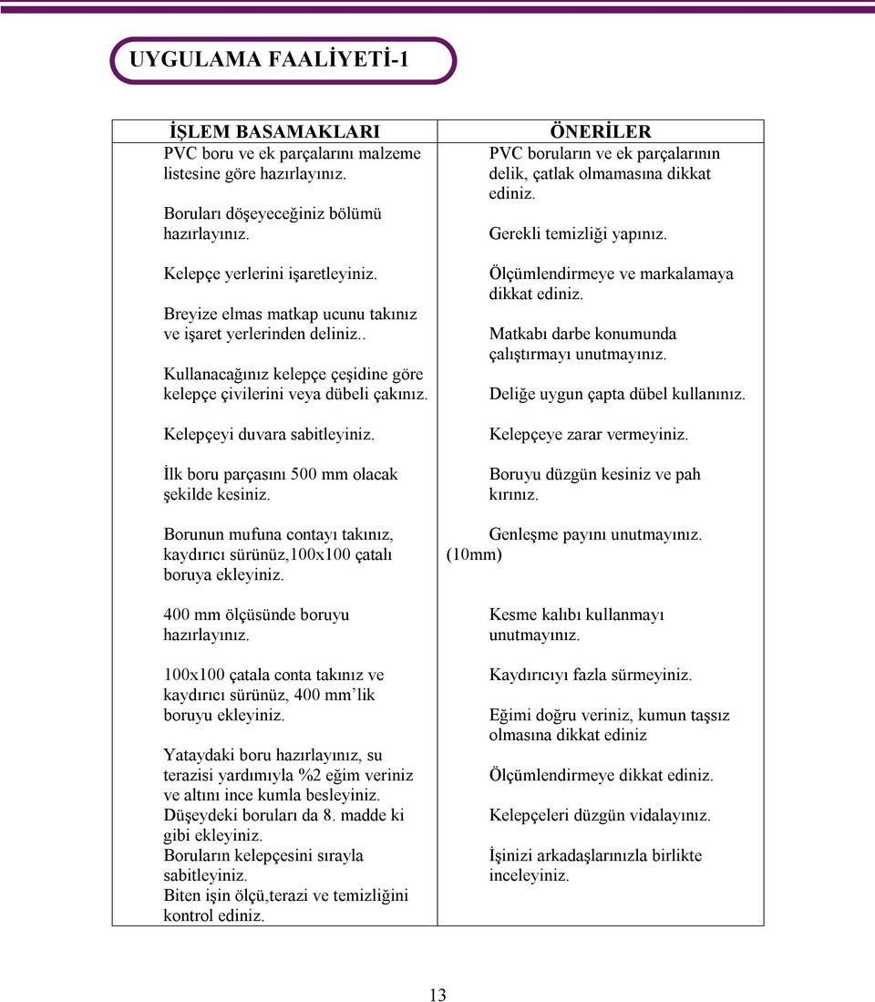 İlk boru parçasını 500 mm olacak şekilde kesiniz. Borunun mufuna contayı takınız, kaydırıcı sürünüz,100x100 çatalı boruya ekleyiniz. 400 mm ölçüsünde boruyu hazırlayınız.