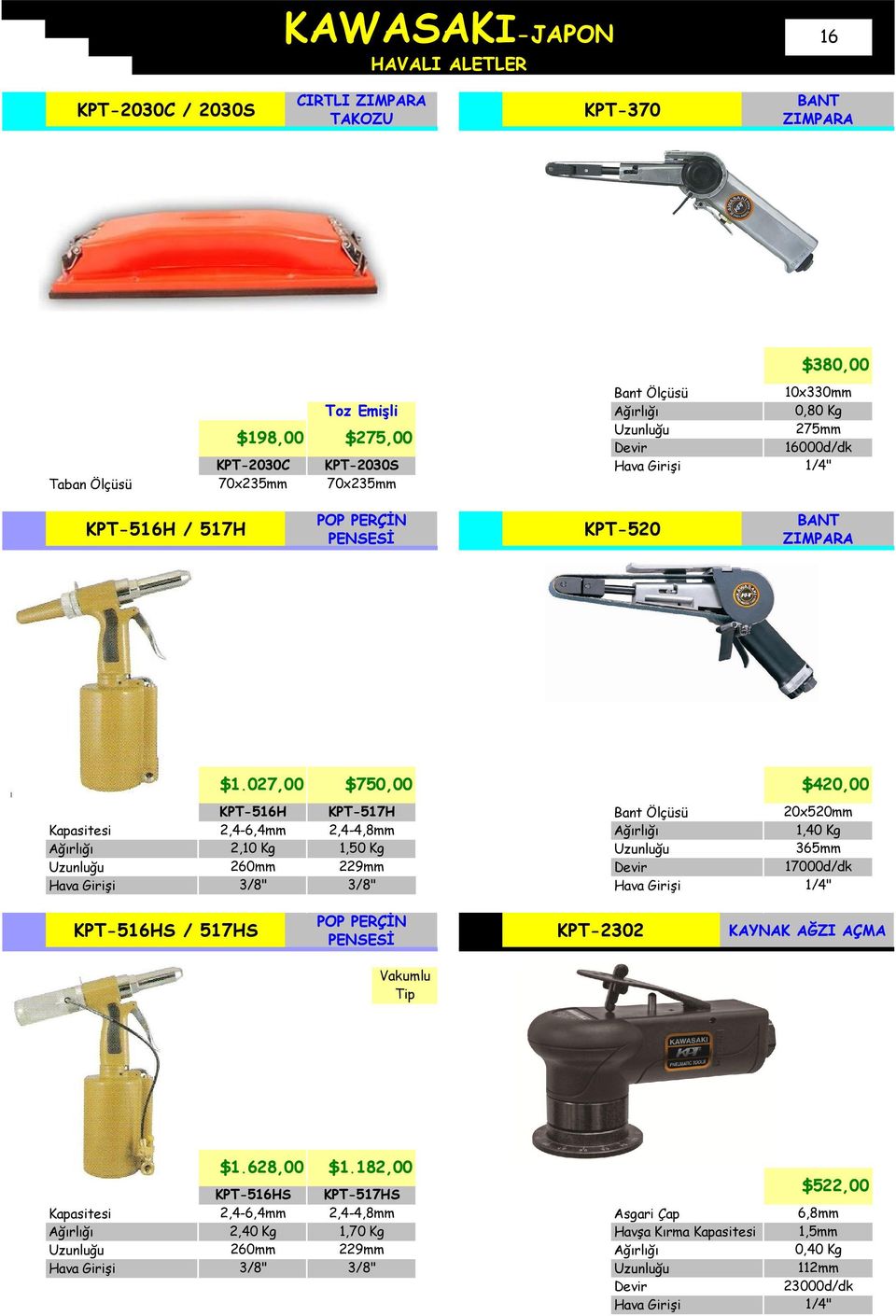 027,00 $750,00 $420,00 Kapasitesi KPT-516H 2,4-6,4mm 2,10 Kg 260mm KPT-517H 2,4-4,8mm 1,50 Kg 229mm Bant Ölçüsü 20x520mm 1,40 Kg 365mm 17000d/dk KPT-516HS /