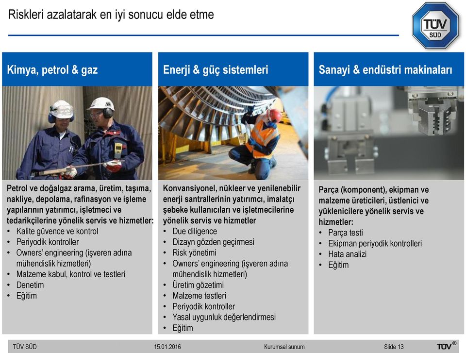 kabul, kontrol ve testleri Denetim Eğitim Konvansiyonel, nükleer ve yenilenebilir enerji santrallerinin yatırımcı, imalatçı şebeke kullanıcıları ve işletmecilerine yönelik servis ve hizmetler Due