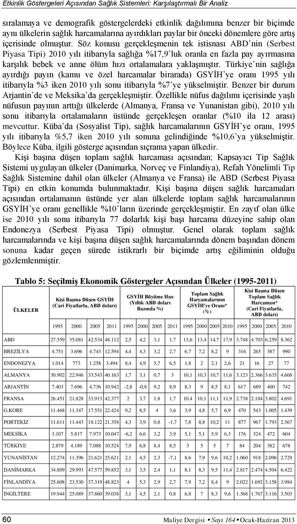 Söz konusu gerçekleşmenin tek istisnası ABD nin (Serbest Piyasa Tipi) 2010 yılı itibarıyla sağlığa %17,9 luk oranla en fazla pay ayırmasına karşılık bebek ve anne ölüm hızı ortalamalara yaklaşmıştır.