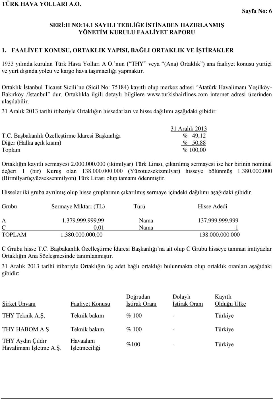 com internet adresi üzerinden ulaşılabilir. 31 Aralık 2013 tarihi itibariyle Ortaklığın hissedarları ve hisse dağılımı aşağıdaki gibidir: 31 Aralık 2013 T.C.
