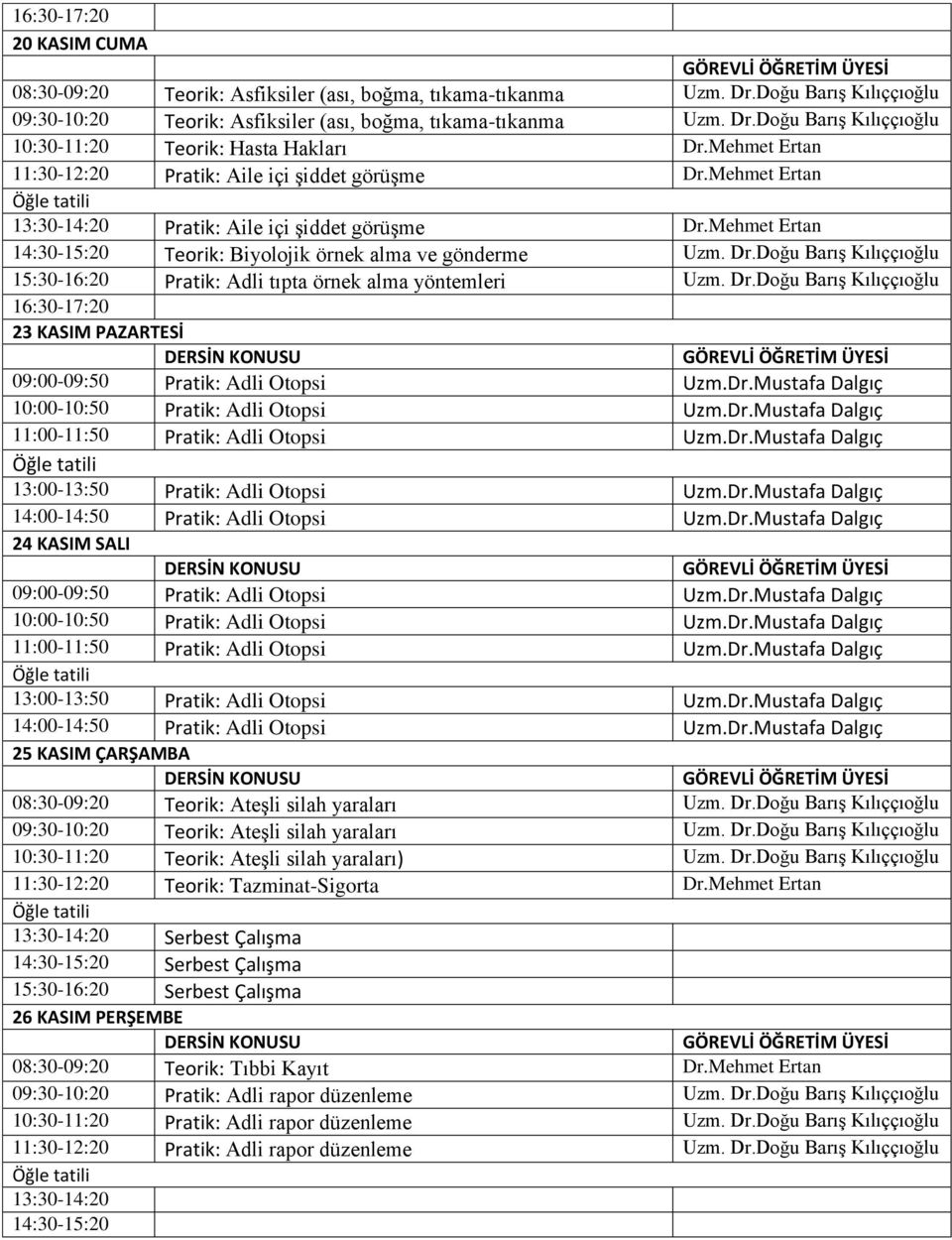 Dr.Doğu Barış 23 KASIM PAZARTESİ 13:00-13:50 Pratik: Adli Otopsi Uzm.Dr.Mustafa Dalgıç 24 KASIM SALI 13:00-13:50 Pratik: Adli Otopsi Uzm.Dr.Mustafa Dalgıç 25 KASIM ÇARŞAMBA 08:30-09:20 Teorik: Ateşli silah yaraları Uzm.