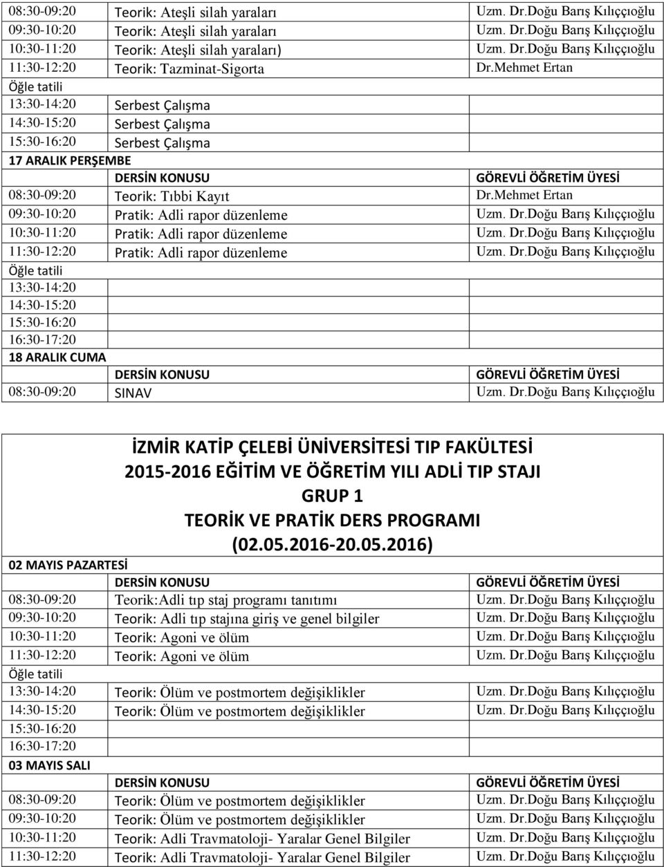 Dr.Doğu Barış 11:30-12:20 Pratik: Adli rapor düzenleme Uzm. Dr.