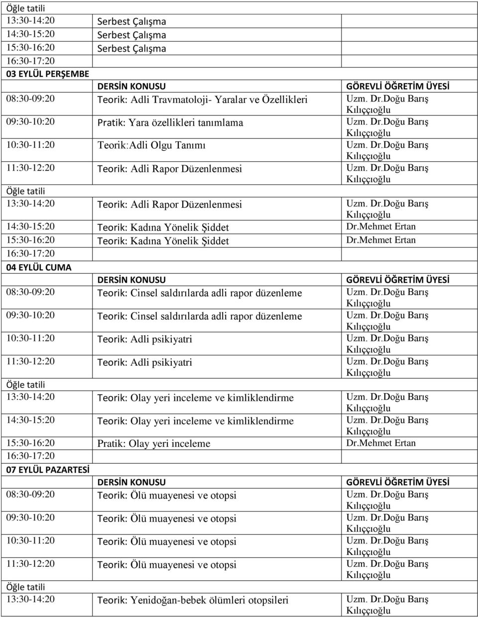 Mehmet Ertan Teorik: Kadına Yönelik Şiddet Dr.Mehmet Ertan 04 EYLÜL CUMA 08:30-09:20 Teorik: Cinsel saldırılarda adli rapor düzenleme Uzm. Dr.Doğu Barış 09:30-10:20 Teorik: Cinsel saldırılarda adli rapor düzenleme Uzm.