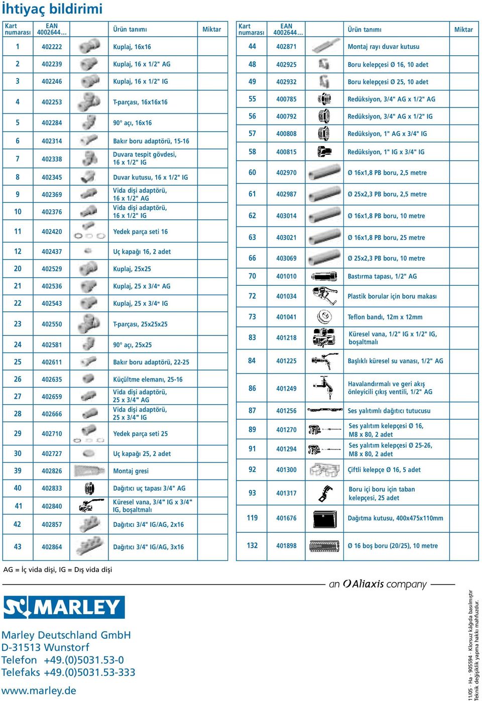 402314 Bakır boru adaptörü, 15-16 7 402338 Duvara tespit gövdesi, 16 x 1/2" IG 8 402345 Duvar kutusu, 16 x 1/2" IG 56 400792 Redüksiyon, 3/4" AG x 1/2" IG 57 400808 Redüksiyon, 1" AG x 3/4" IG 58