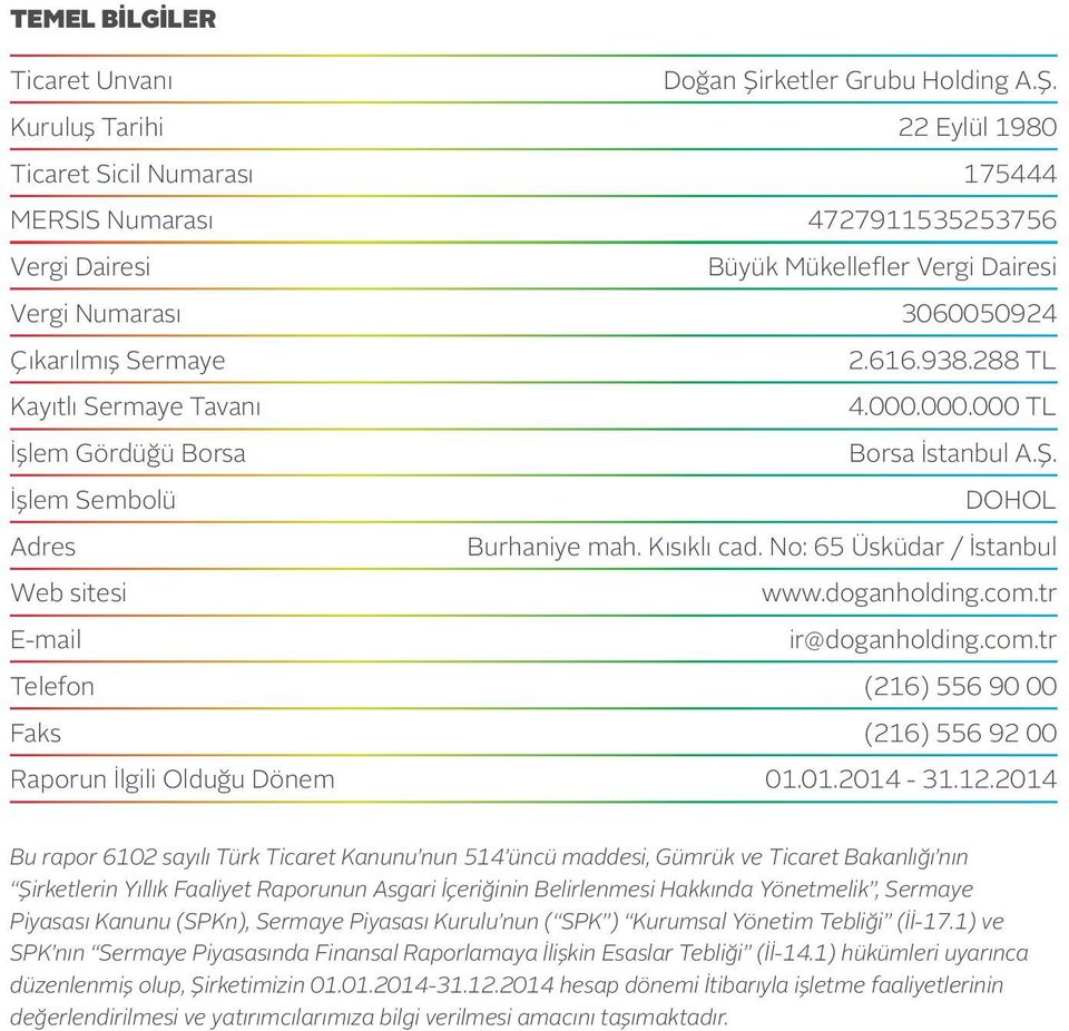 Kuruluş Tarihi 22 Eylül 1980 Ticaret Sicil Numarası 175444 MERSIS Numarası 4727911535253756 Vergi Dairesi Büyük Mükellefler Vergi Dairesi Vergi Numarası 3060050924 Çıkarılmış Sermaye 2.616.938.