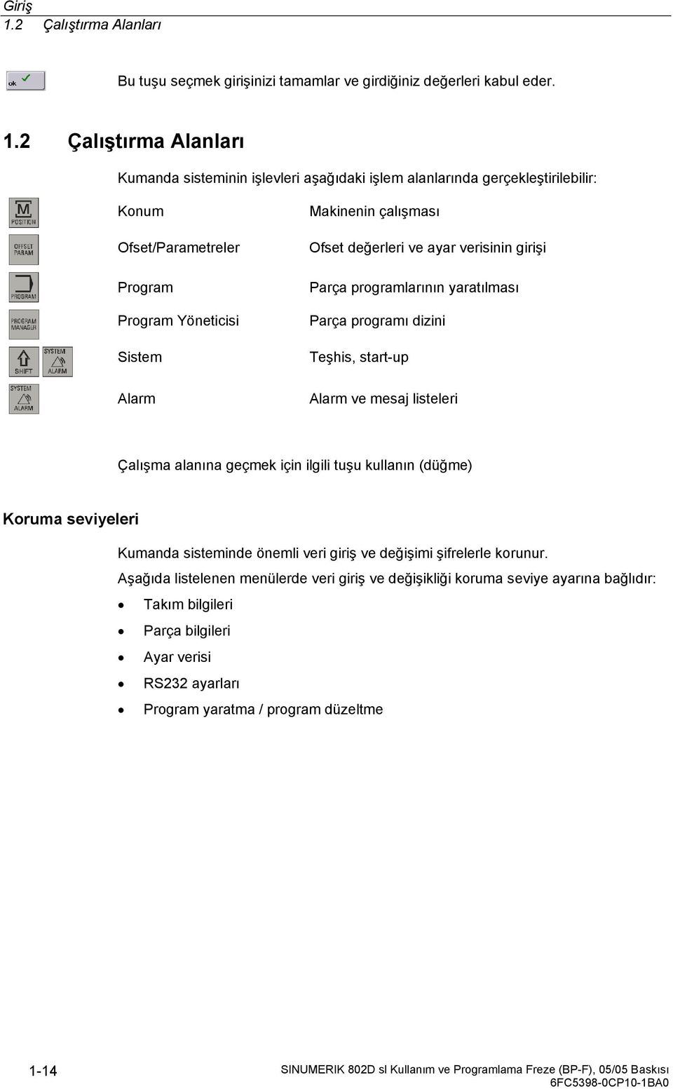 2 Çalıştırma Alanları Kumanda sisteminin işlevleri aşağıdaki işlem alanlarında gerçekleştirilebilir: Konum Ofset/Parametreler Program Program Yöneticisi Sistem Alarm Makinenin çalışması