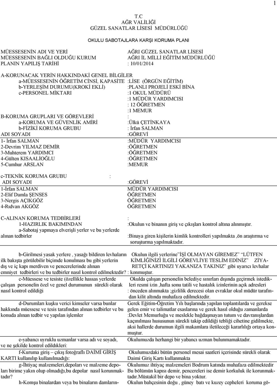 BİNA c-personel MİKTARI :1 OKUL MÜDÜRÜ :1 MÜDÜR YARDIMCISI : 12 ÖĞRETMEN :1 MEMUR B-KORUMA GRUPLARI VE GÖREVLERİ : a-koruma VE GÜVENLİK AMİRİ :Ülkü ÇETİNKAYA b-fiziki KORUMA GRUBU : İrfan SALMAN