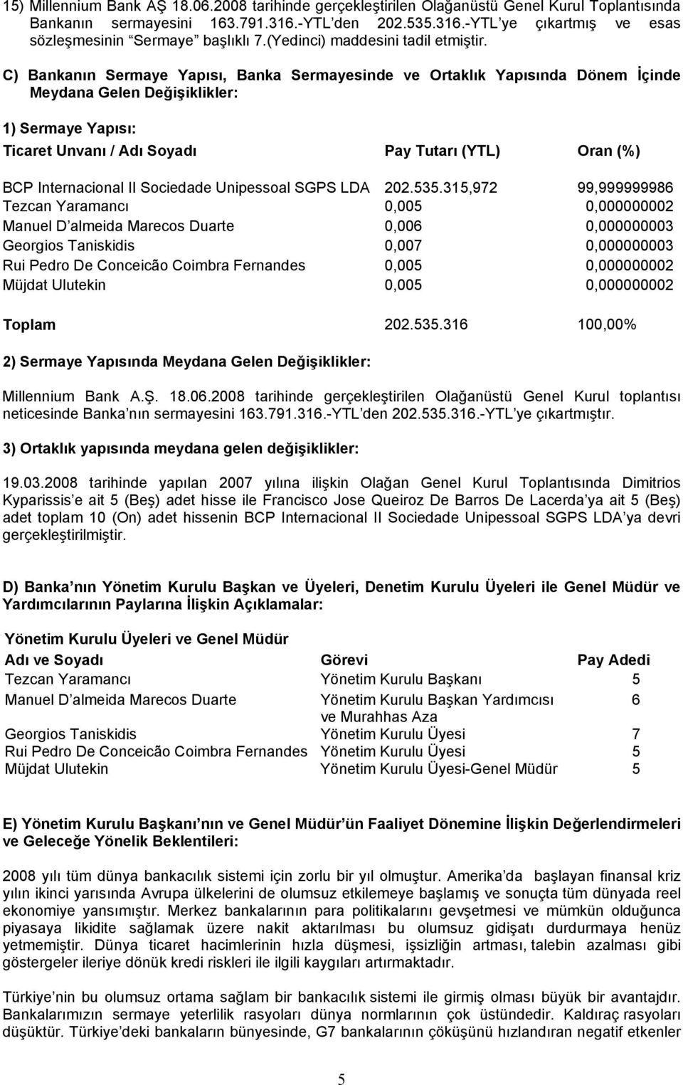 C) Bankanın Sermaye Yapısı, Banka Sermayesinde ve Ortaklık Yapısında Dönem İçinde Meydana Gelen Değişiklikler: 1) Sermaye Yapısı: Ticaret Unvanı / Adı Soyadı Pay Tutarı (YTL) Oran (%) BCP