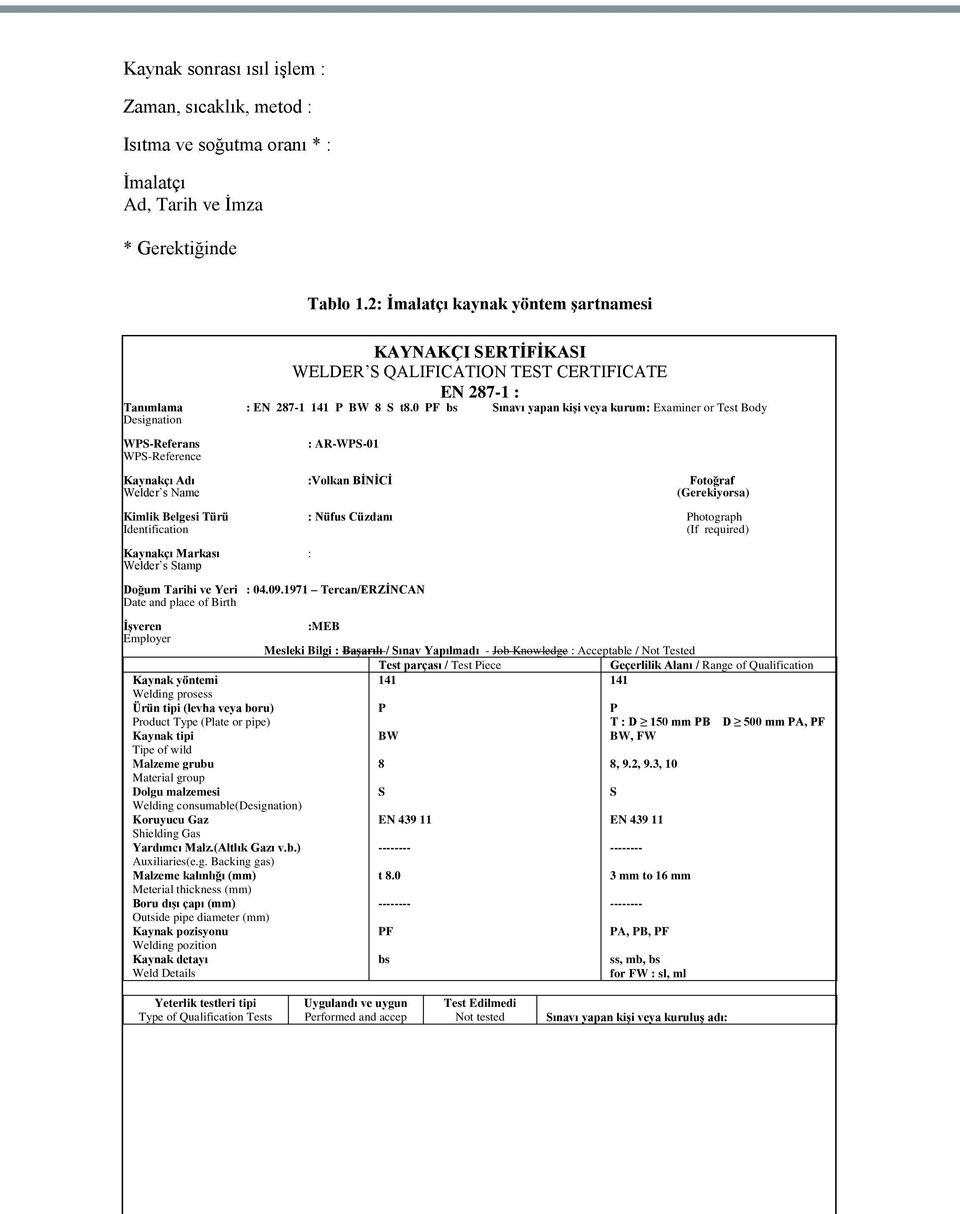 0 PF bs Sınavı yapan kişi veya kurum: Examiner or Test Body Designation WPS-Referans WPS-Reference : AR-WPS-01 Kaynakçı Adı :Volkan BİNİCİ Fotoğraf Welder s Name (Gerekiyorsa) Kimlik Belgesi Türü :