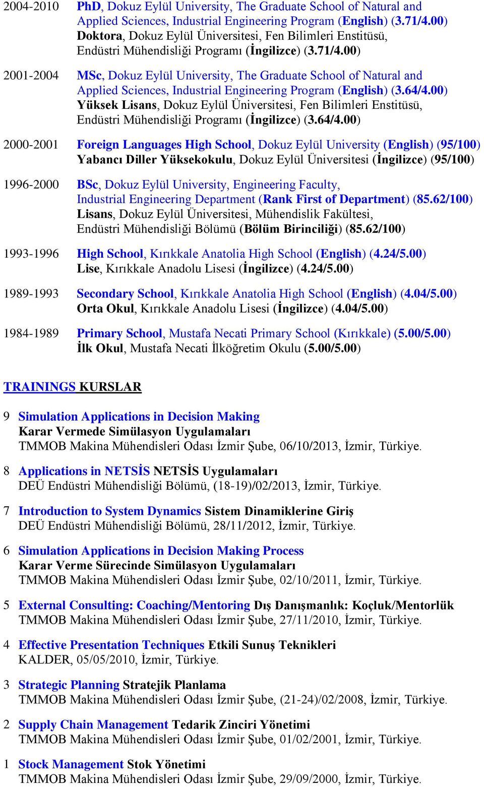 00) 2001-2004 MSc, Dokuz Eylül University, The Graduate School of Natural and Applied Sciences, Industrial Engineering Program (English) (3.64/4.