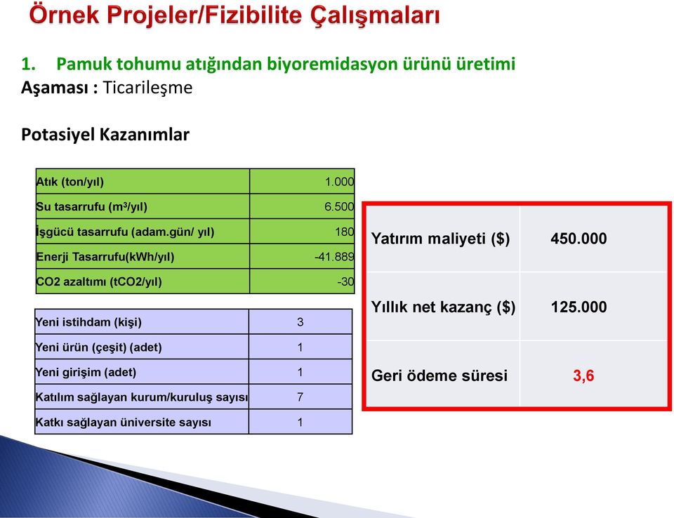 889 CO2 azaltımı (tco2/yıl) -30 Yeni istihdam (kişi) 3 Yatırım maliyeti ($) 450.000 Yıllık net kazanç ($) 125.