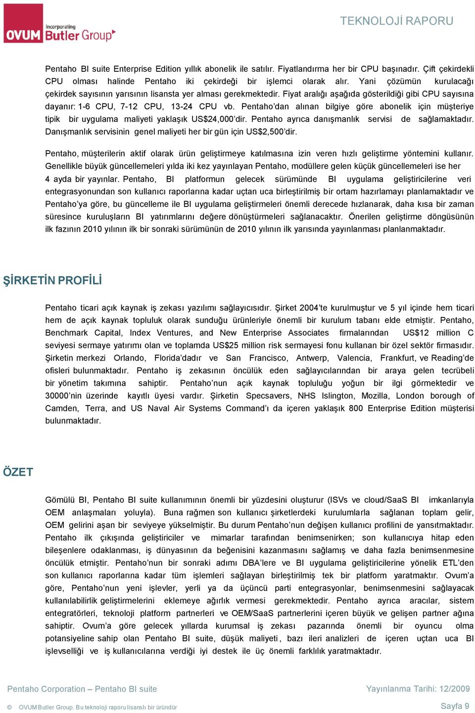 Pentaho dan alınan bilgiye göre abonelik için müşteriye tipik bir uygulama maliyeti yaklaşık US$24,000 dir. Pentaho ayrıca danışmanlık servisi de sağlamaktadır.