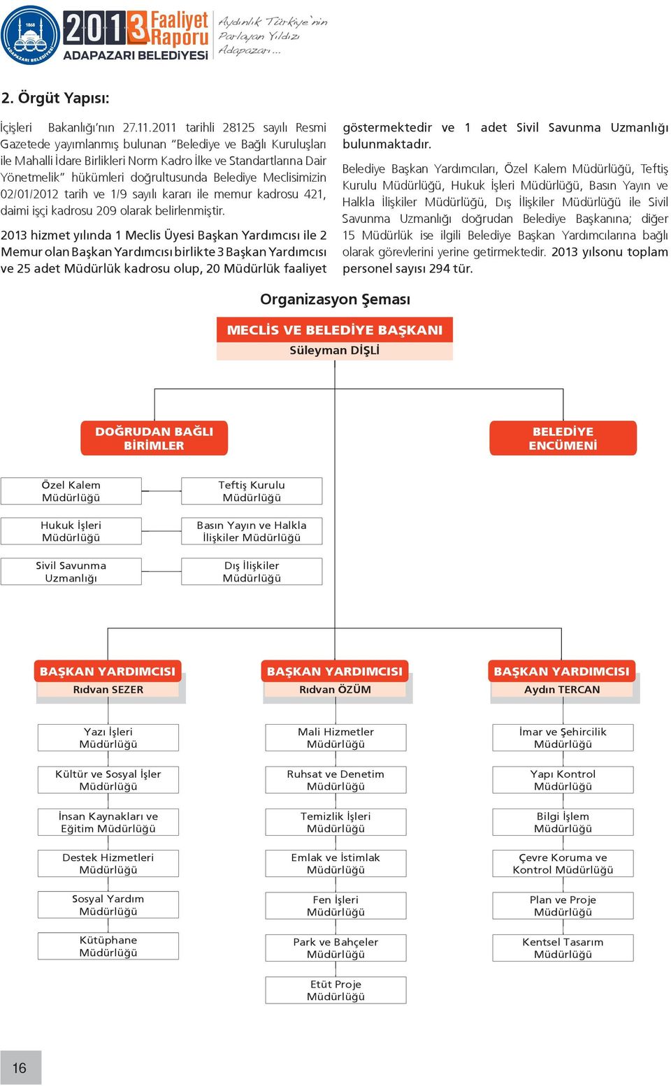 Belediye Meclisimizin 02/01/2012 tarih ve 1/9 sayılı kararı ile memur kadrosu 421, daimi işçi kadrosu 209 olarak belirlenmiştir.