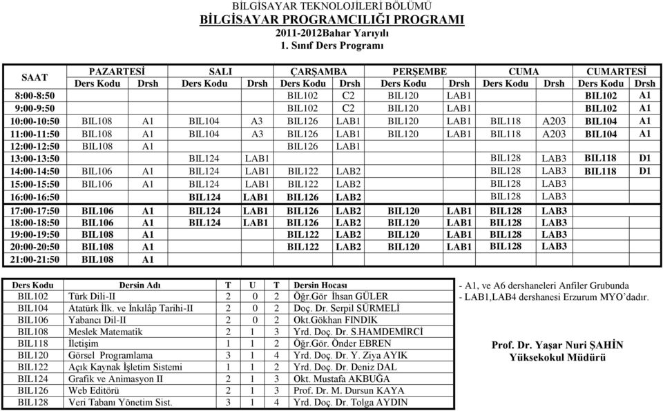 BIL108 A1 BIL104 A3 BIL126 LAB1 BIL120 LAB1 BIL118 A203 BIL104 A1 BIL108 A1 BIL126 LAB1 13:00-13:50 BIL124 LAB1 BIL128 LAB3 BIL118 D1 14:00-14:50 BIL106 A1 BIL124 LAB1 BIL122 LAB2 BIL128 LAB3 BIL118