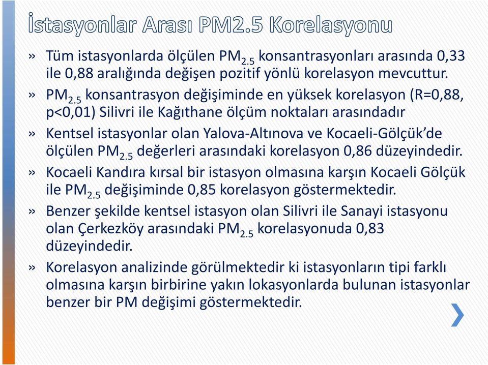 5 değerleri arasındaki korelasyon 0,86 düzeyindedir.» Kocaeli Kandıra kırsal bir istasyon olmasına karşın Kocaeli Gölçük ile PM 2.5 değişiminde 0,85 korelasyon göstermektedir.