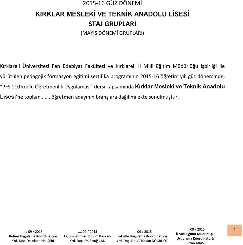 Kırklar Mesleki ve Teknik Anadolu Lisesi ne toplam... öğretmen adayının branşlara dağılımı ekte sunulmuştur. Bölüm Uygulama Koordinatörü Yrd. Doç. Dr.