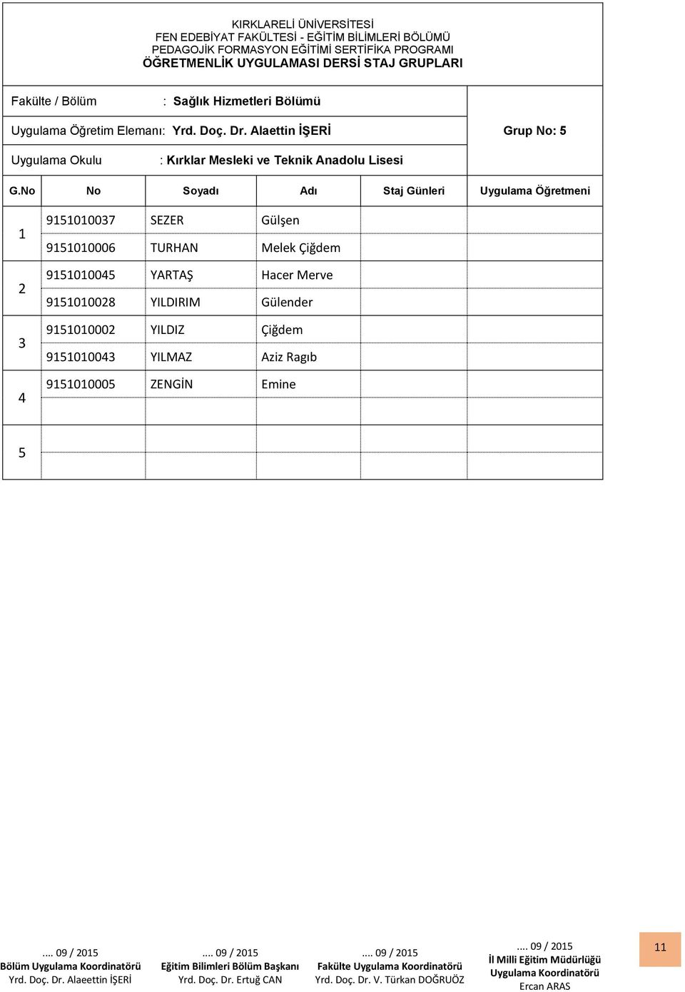 Alaettin İŞERİ Grup No: Uygulama Okulu : Kırklar Mesleki ve Teknik Anadolu Lisesi Staj Günleri Uygulama Öğretmeni 90007 SEZER Gülşen 900006 TURHAN Melek Çiğdem 9000 YARTAŞ Hacer Merve