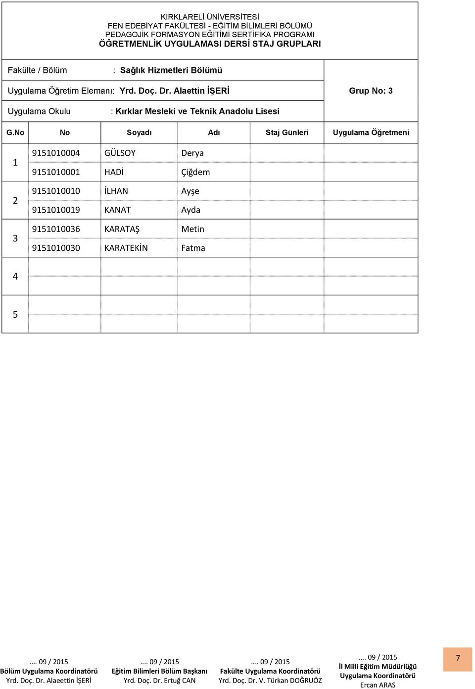 Alaettin İŞERİ Grup No: Uygulama Okulu : Kırklar Mesleki ve Teknik Anadolu Lisesi Staj Günleri Uygulama Öğretmeni 90000 GÜLSOY Derya 90000 HADİ Çiğdem 90000 İLHAN Ayşe 90009