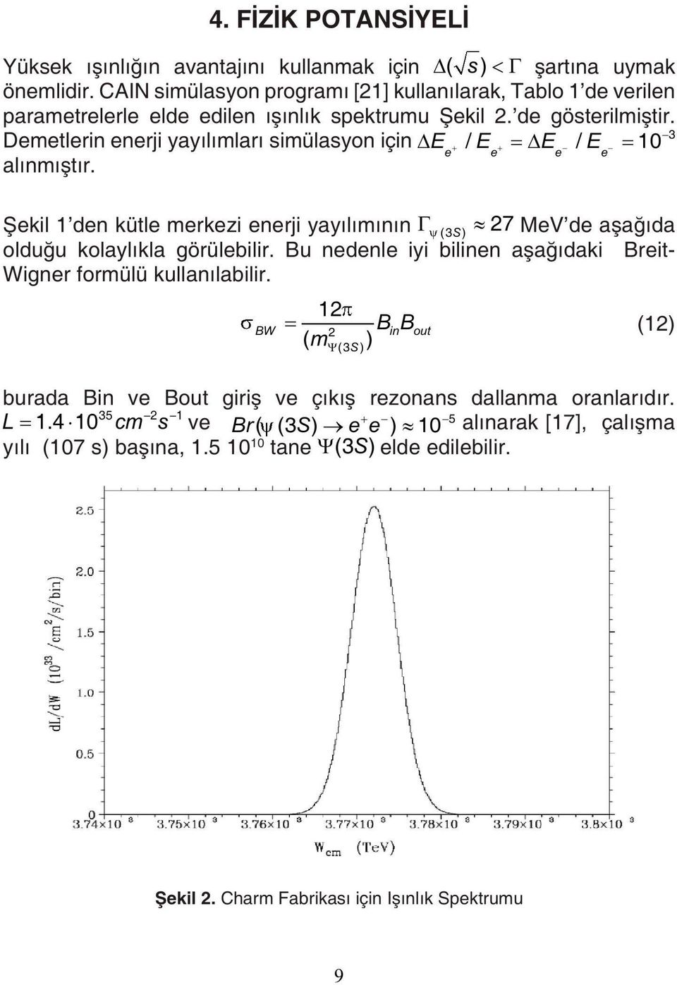 Demetlerin enerji yayılımları simülasyon için AE + / E + = AE _ / E _ = 1CT 3 alınmıştır. Şekil 1'den kütle merkezi enerji yayılımının r v(3s) «27 MeV'de aşağıda olduğu kolaylıkla görülebilir.