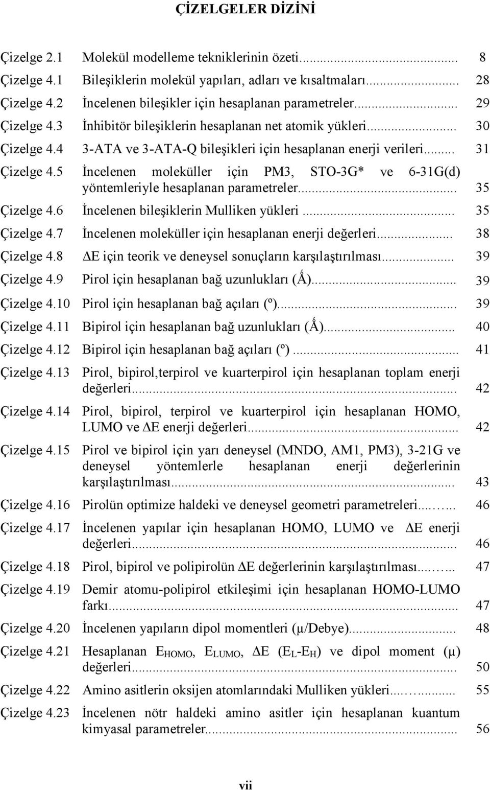 4 3-ATA ve 3-ATA-Q bileşikleri için hesaplanan enerji verileri... 31 Çizelge 4.5 İncelenen moleküller için PM3, STO-3G* ve 6-31G(d) yöntemleriyle hesaplanan parametreler... 35 Çizelge 4.