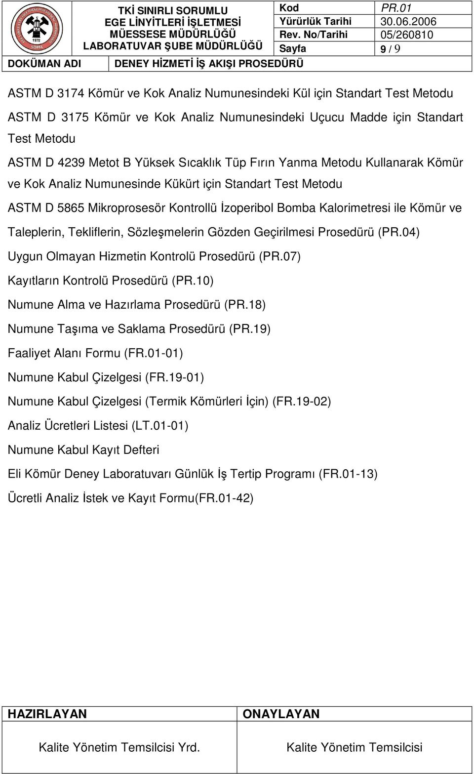 Tekliflerin, Sözleşmelerin Gözden Geçirilmesi Prosedürü (PR.04) Uygun Olmayan Hizmetin Kontrolü Prosedürü (PR.07) Kayıtların Kontrolü Prosedürü (PR.10) Numune Alma ve Hazırlama Prosedürü (PR.