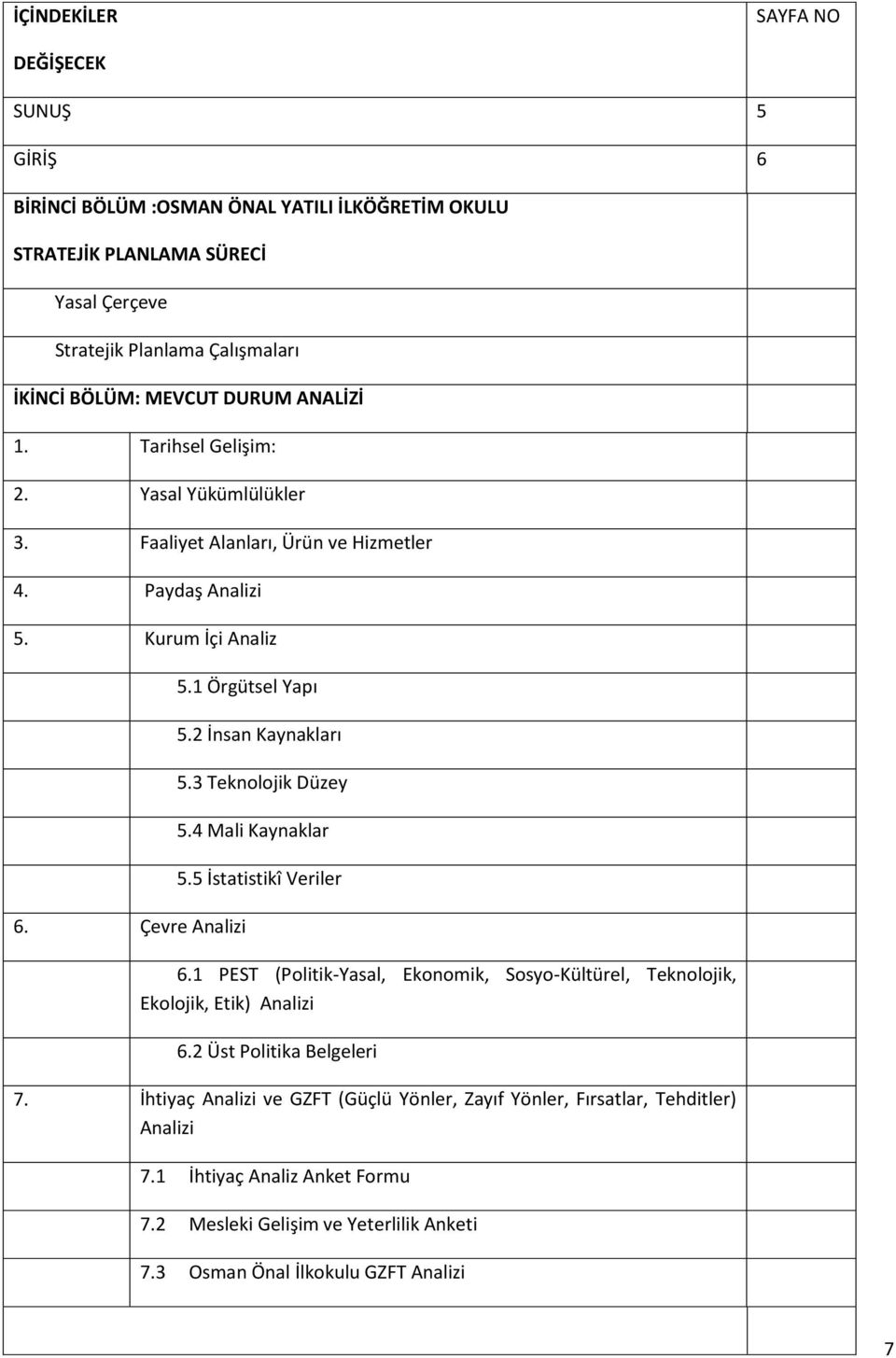 2 İnsan Kaynakları 5.3 Teknolojik Düzey 5.4 Mali Kaynaklar 5.5 İstatistikî Veriler 6.1 PEST (Politik-Yasal, Ekonomik, Sosyo-Kültürel, Teknolojik, Ekolojik, Etik) Analizi 6.
