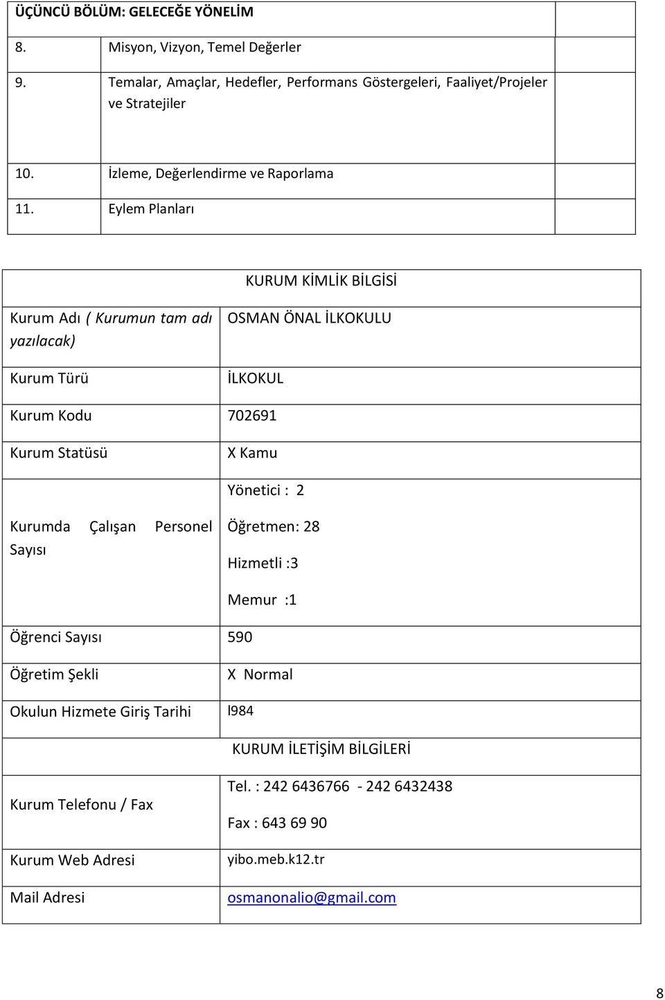 Eylem Planları KURUM KİMLİK BİLGİSİ Kurum Adı ( Kurumun tam adı yazılacak) Kurum Türü OSMAN ÖNAL İLKOKULU İLKOKUL Kurum Kodu 702691 Kurum Statüsü X Kamu Yönetici : 2