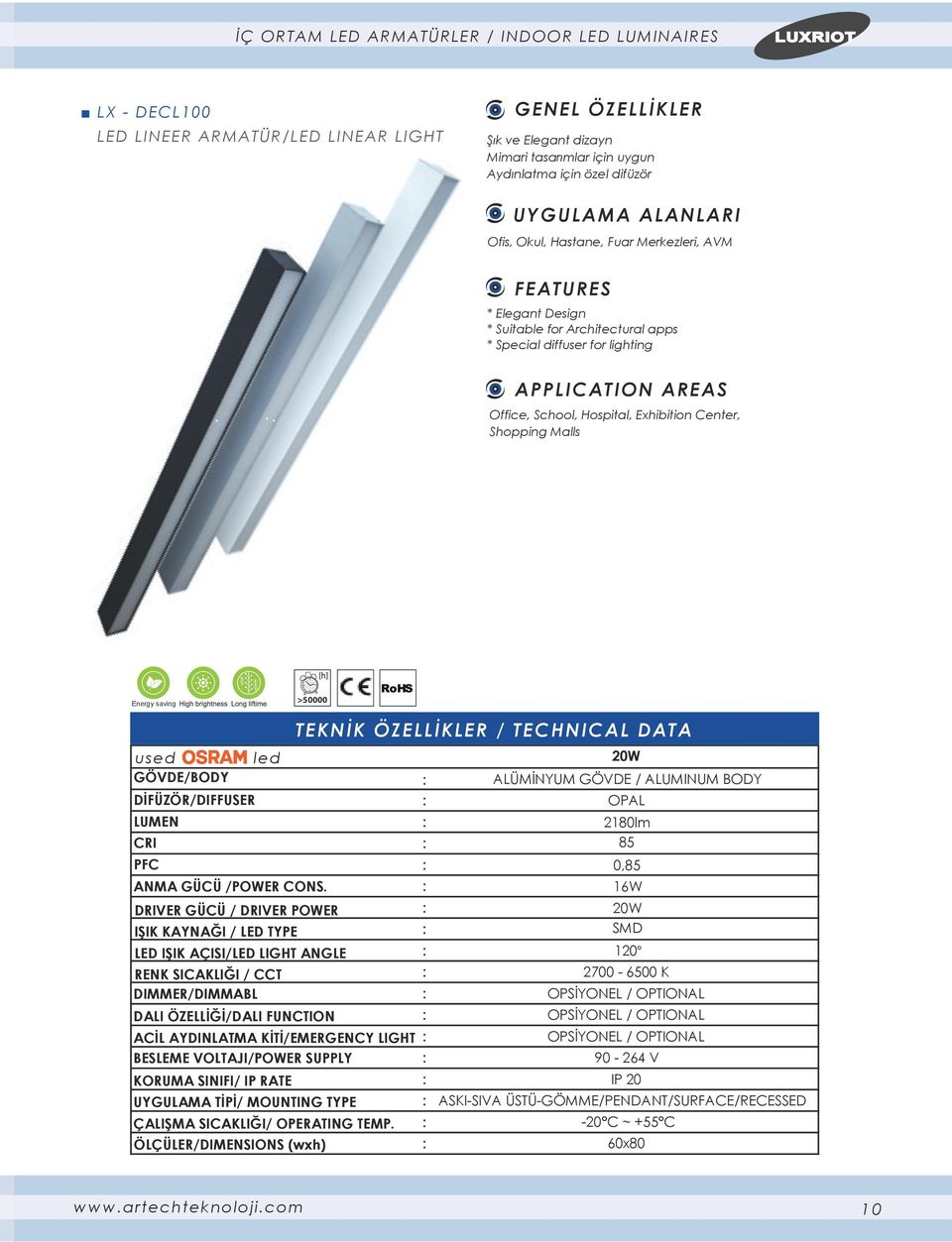 diffuser for lighting Office, School, Hospital, Exhibition Center, Shopping Malls used led DIMMER/DIMMABL ÖLÇÜLER/DIMENSIONS (wxh) 20W ALÜMİNYUM