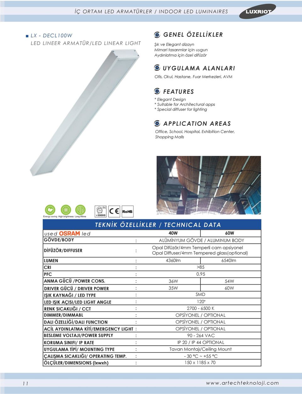 Center, Shopping Malls used led DIMMER/DIMMABL ÖLÇÜLER/DIMENSIONS (lxwxh) 40W 60W ALÜMİNYUM GÖVDE / ALUMINUM BODY Opal Difüzör/4mm Temperli cam opsiyonel Opal Diffuser/4mm