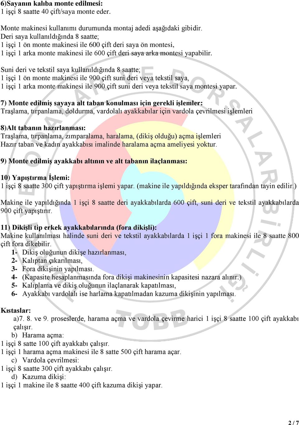 Suni deri ve tekstil saya kullanıldığında 8 saatte; 1 işçi 1 ön monte makinesi ile 900 çift suni deri veya tekstil saya, 1 işçi 1 arka monte makinesi ile 900 çift suni deri veya tekstil saya montesi