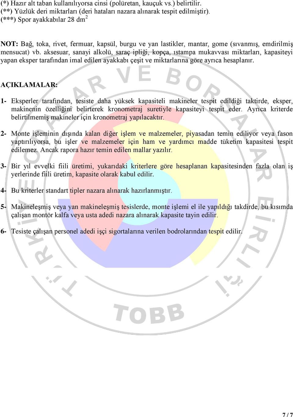 aksesuar, sanayi alkolü, saraç ipliği, kopça, ıstampa mukavvası miktarları, kapasiteyi yapan eksper tarafından imal edilen ayakkabı çeşit ve miktarlarına göre ayrıca hesaplanır.