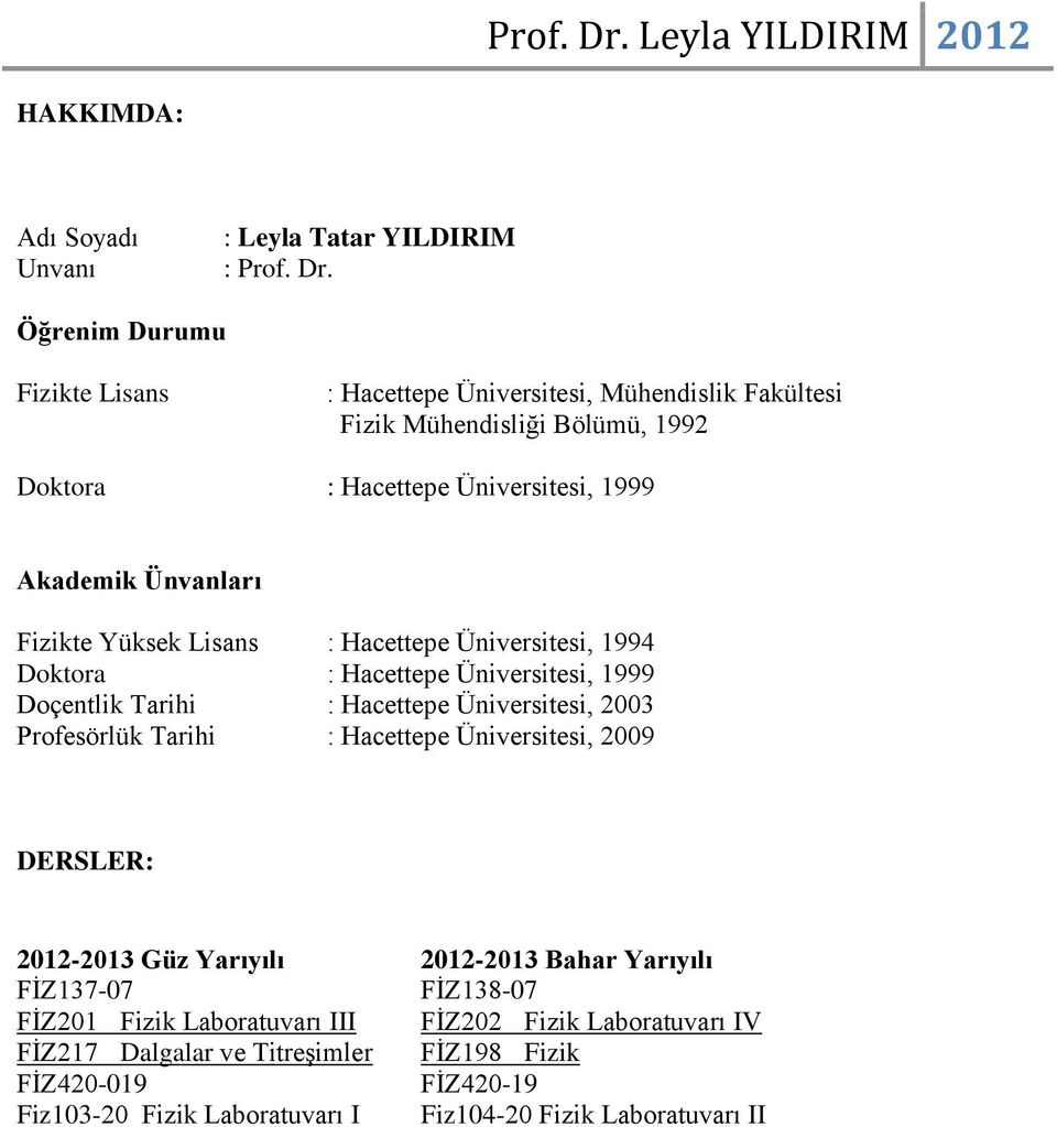 Fizikte Yüksek Lisans : Hacettepe Üniversitesi, 1994 Doktora : Hacettepe Üniversitesi, 1999 Doçentlik Tarihi : Hacettepe Üniversitesi, 2003 Profesörlük Tarihi : Hacettepe