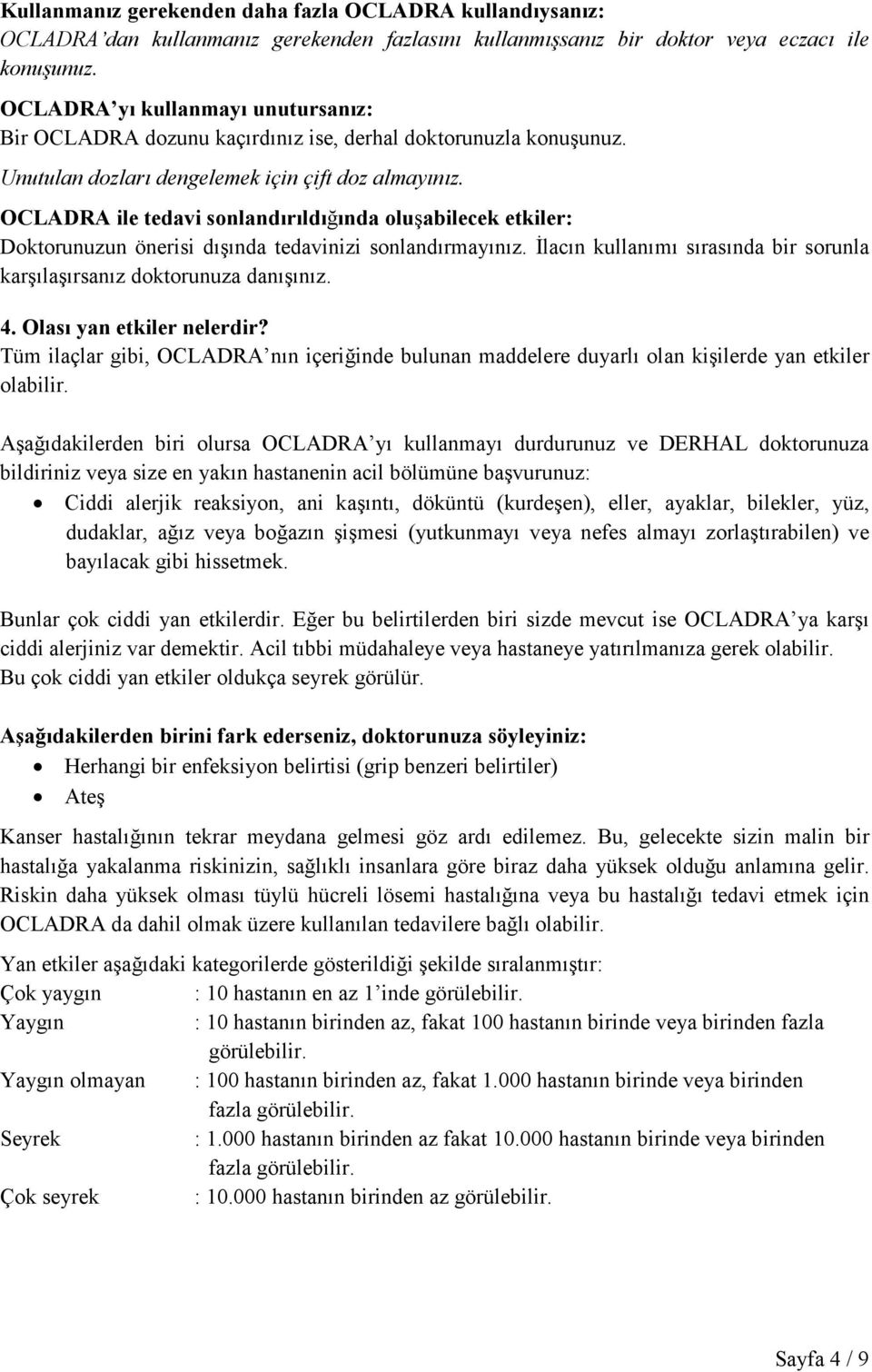 OCLADRA ile tedavi sonlandırıldığında oluşabilecek etkiler: Doktorunuzun önerisi dışında tedavinizi sonlandırmayınız. Đlacın kullanımı sırasında bir sorunla karşılaşırsanız doktorunuza danışınız. 4.